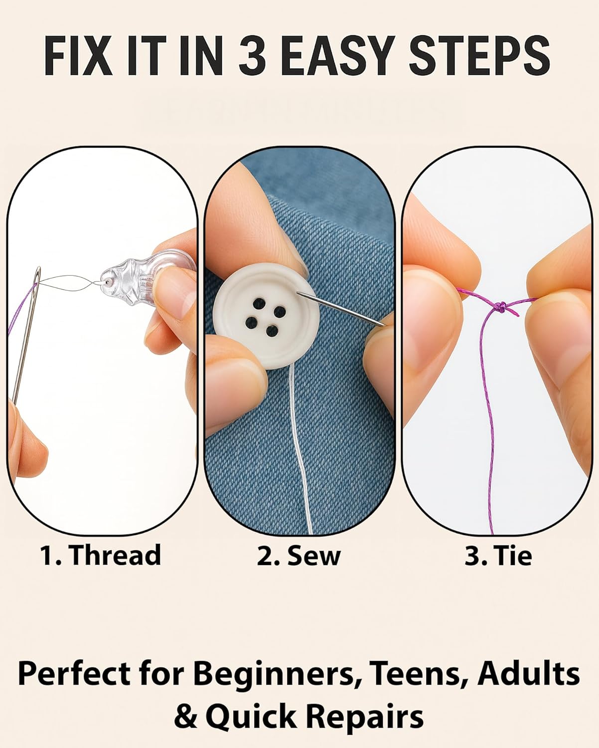 Vellostar Sewing Kit for Adults & Beginners – Portable Needle & Thread Travel Kit w/ 24 Thread Colors, Needles, Scissors & Sewing Supplies for Emergency Clothing Repairs, Buttons, & Home Mending - Image 3