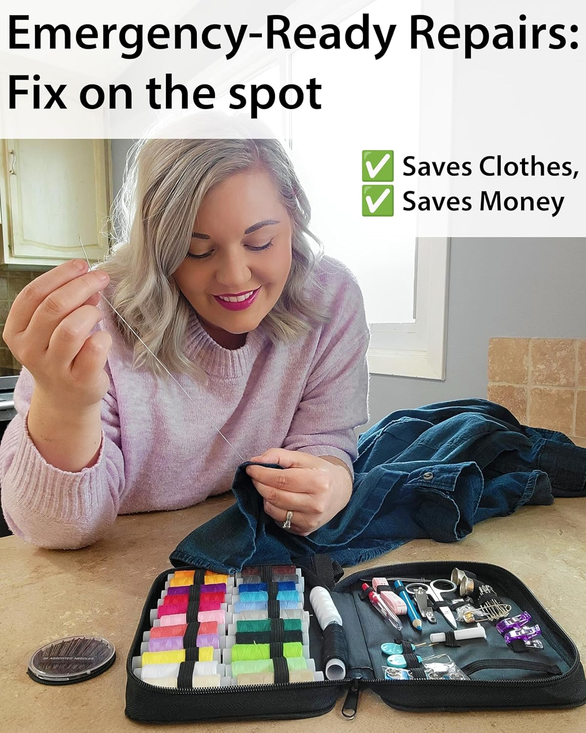 Vellostar Sewing Kit for Adults & Beginners – Portable Needle & Thread Travel Kit w/ 24 Thread Colors, Needles, Scissors & Sewing Supplies for Emergency Clothing Repairs, Buttons, & Home Mending - Image 2