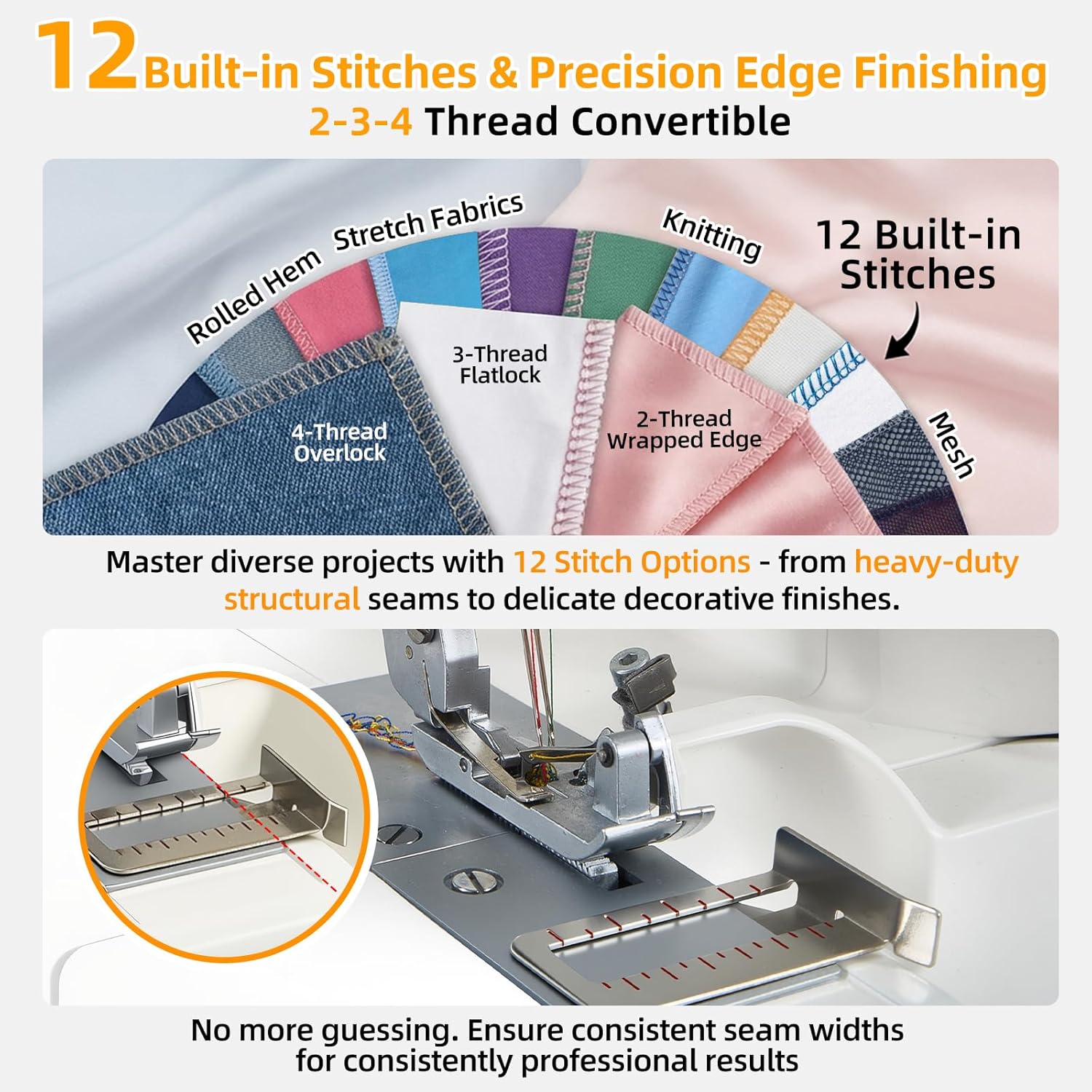 360 Upgraded Serger Overlock Sewing Machine with Wide-Open Threading, 12 Built-in Stitches, 2/3/4 Thread Capability, 1300 SPM High Speed, Differential Feed, Pro Overlocker for Tailors & Pros - Image 7