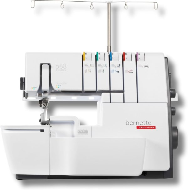 Bernette B68 Airlock Serger with easy air threading, overlock coverstitch combo, high-speed stitching, LED lighting, adjustable stitch length, heavy-duty design, perfect for quilting and beginners.