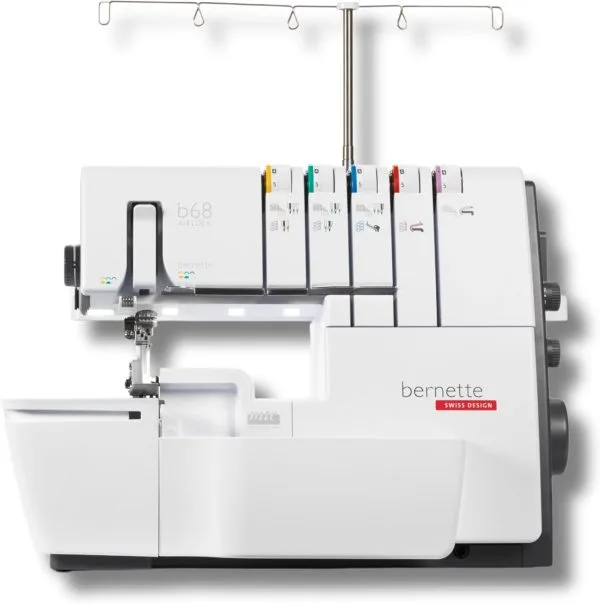 Bernette B68 Airlock Serger with easy air threading, overlock coverstitch combo, high-speed stitching, LED lighting, adjustable stitch length, heavy-duty design, perfect for quilting and beginners.