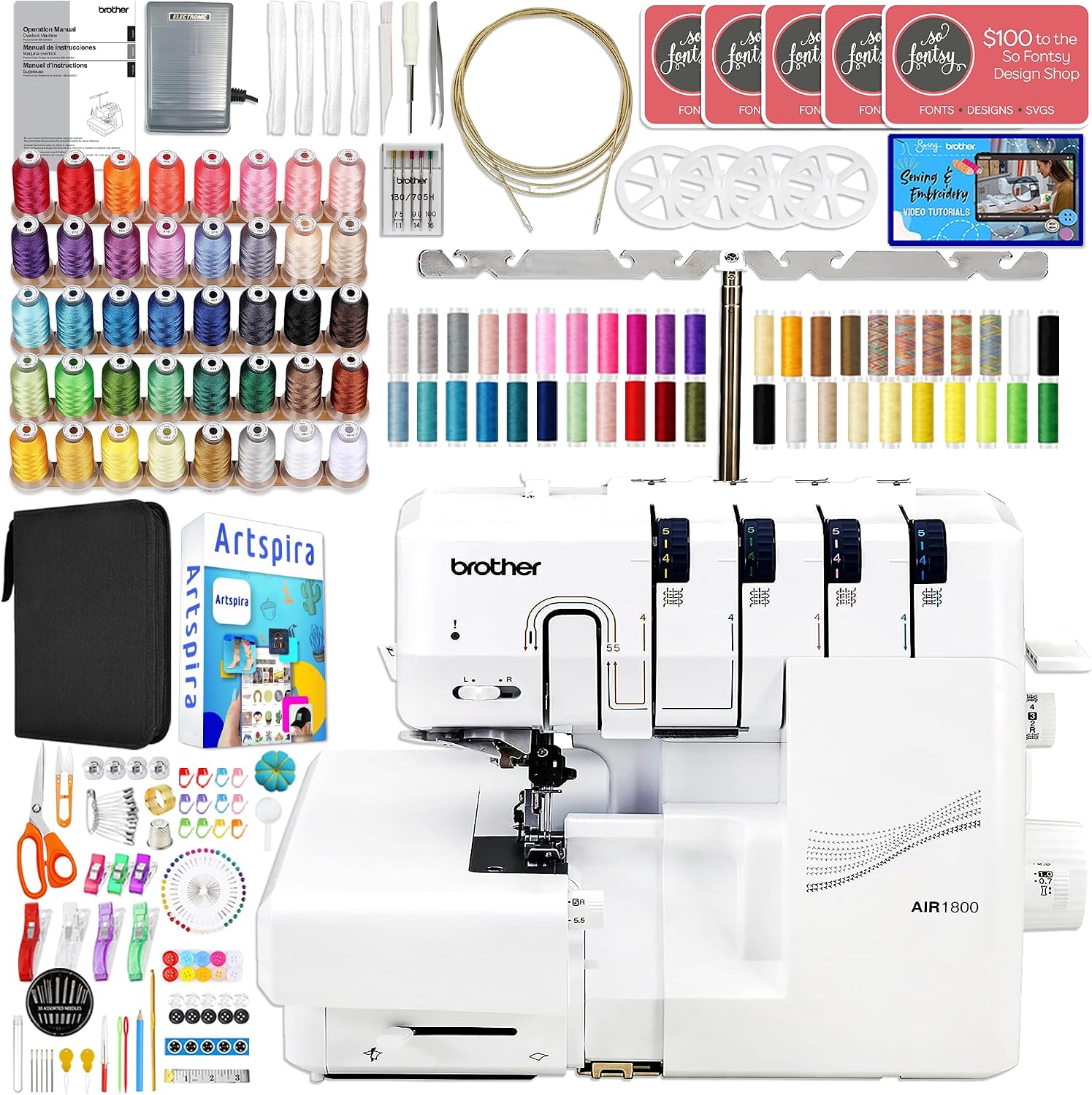 Brother Air1800 Air Serger with Jet-Air Threading and 250+ Accessories including 83 Spools of Thread - 1