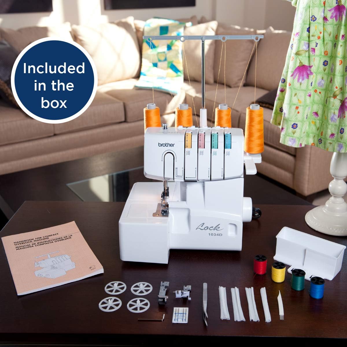 Brother Serger, 1034D, Heavy-Duty Metal Frame Overlock Machine, 1,300 Stitches Per Minute, Removeable Trim Trap, 3 Included Accessory Feet, White - Image 9
