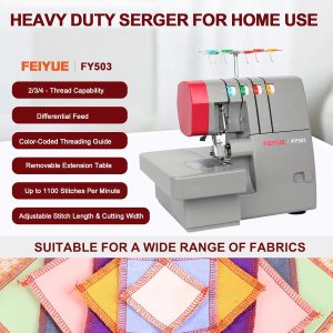 Alternative view of FEIYUE FY503 Serger Overlock Machine, 2/3/4-Thread Capability, Built‑in Rolled Hem, Adjustable Differential Feed, Durable Metal Frame, 1100 SPM
