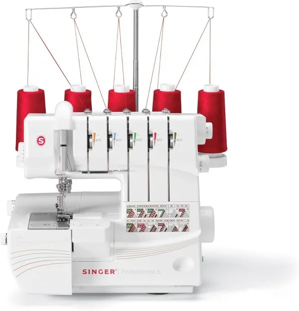 SINGER® Professional 5 14T968DC Heavy-Duty Metal Frame Serger Overlock and Accessory Kit with 2-3-4-5 Stitch Capability, Removeable Trim Trap, 1300 Stitches per minute, & Self Adjusting, White