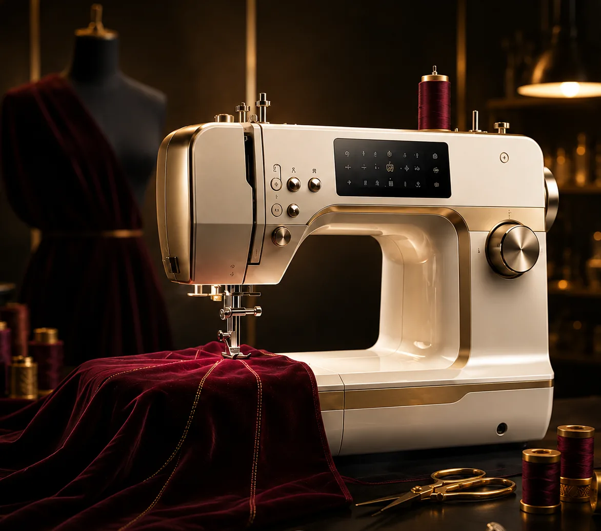 Premium sewing machine with burgundy fabric