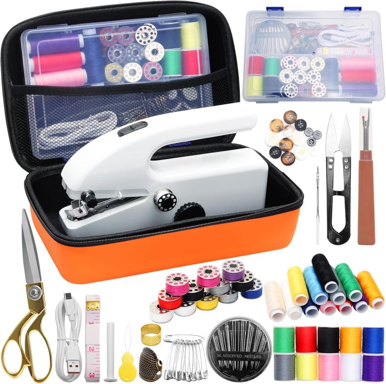 Hand Held Sewing Machine for Adults & Beginners, with Orange Leather Storage Case and 112 PCS Sewing Kit, Portable Mini Hand Sewing Machine, Assorted Needles, Threads, Heavy Duty Scissors