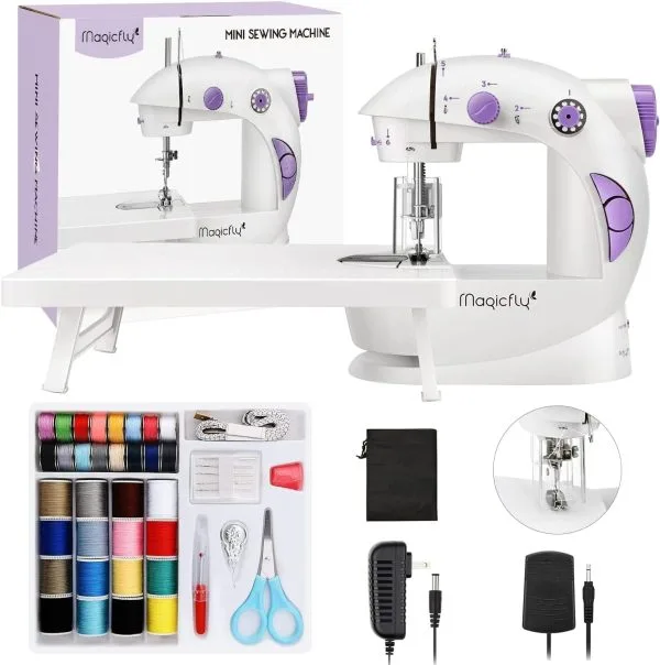 Magicfly Mini Sewing Machine with Extension Table, Dual Speed Portable Sewing Machine for Beginners with Light, Sewing Kit for Household Use, White | Dual Speed Portable Sewing Machine for Beginners with Light, Sewing Kit for Household Use, White