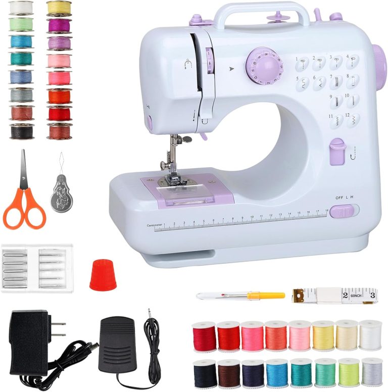 Mini Sewing Machine for Beginners, Portable Sewing Machine with 12 Stitches | Dual Speed, Foot Pedal, Easy to Thread Sew Accessories Kit for Home Quick repair, DIY Craft and Gift, Battery or Plug, Purple