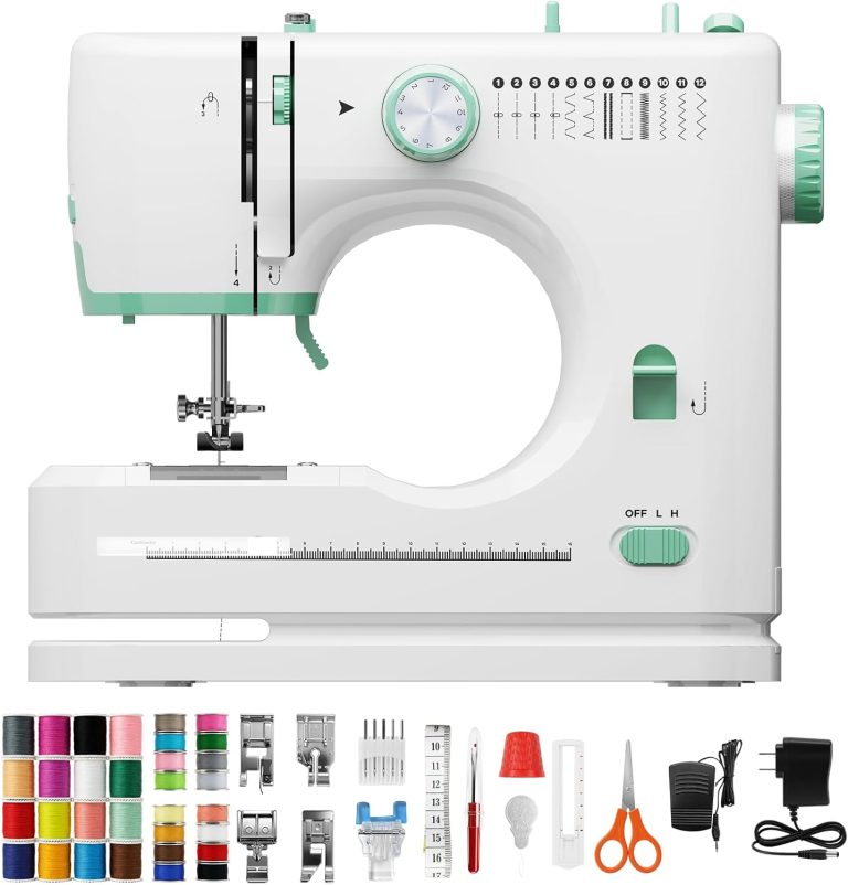 Rxmeili 12-Stitch Portable Sewing Machine for Beginners with 42-Piece Kit | Green Plug-In Mini Sewing Machine for Beginners, Reverse Sewing, 2-Speed, Foot Pedal, Light, Drawer for DIY Clothes & Crafts