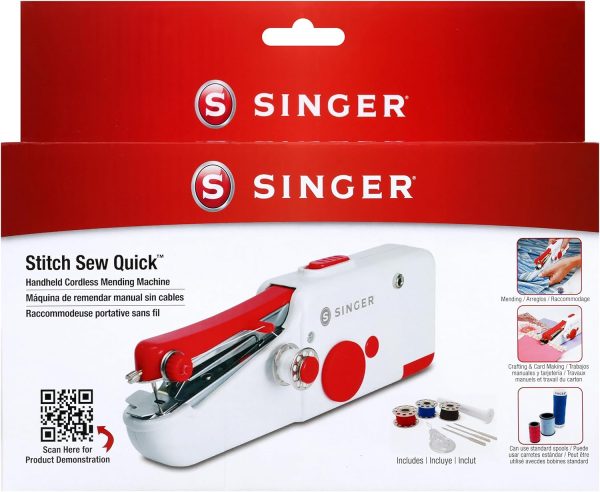 SINGER Stitch Sew Quick™ Portable Handheld Cordless Mending Machine | Cordless handheld mending machine for fast repairs on curtains, bedding and clothes; single-thread, includes bobbins/needles