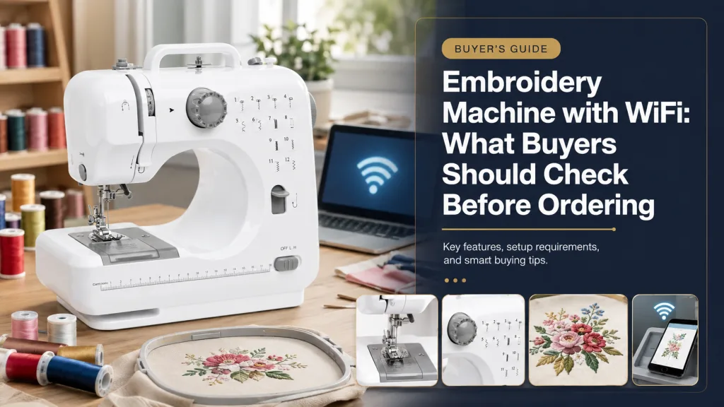 Embroidery machine with WiFi receiving a design from a computer
