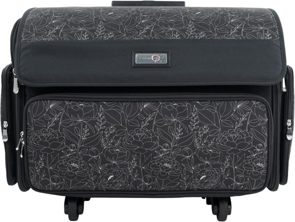 Everything Mary XL Rolling Sewing Machine Case – Grey Floral Craft Bag with 4 Wheels – Portable Organizer