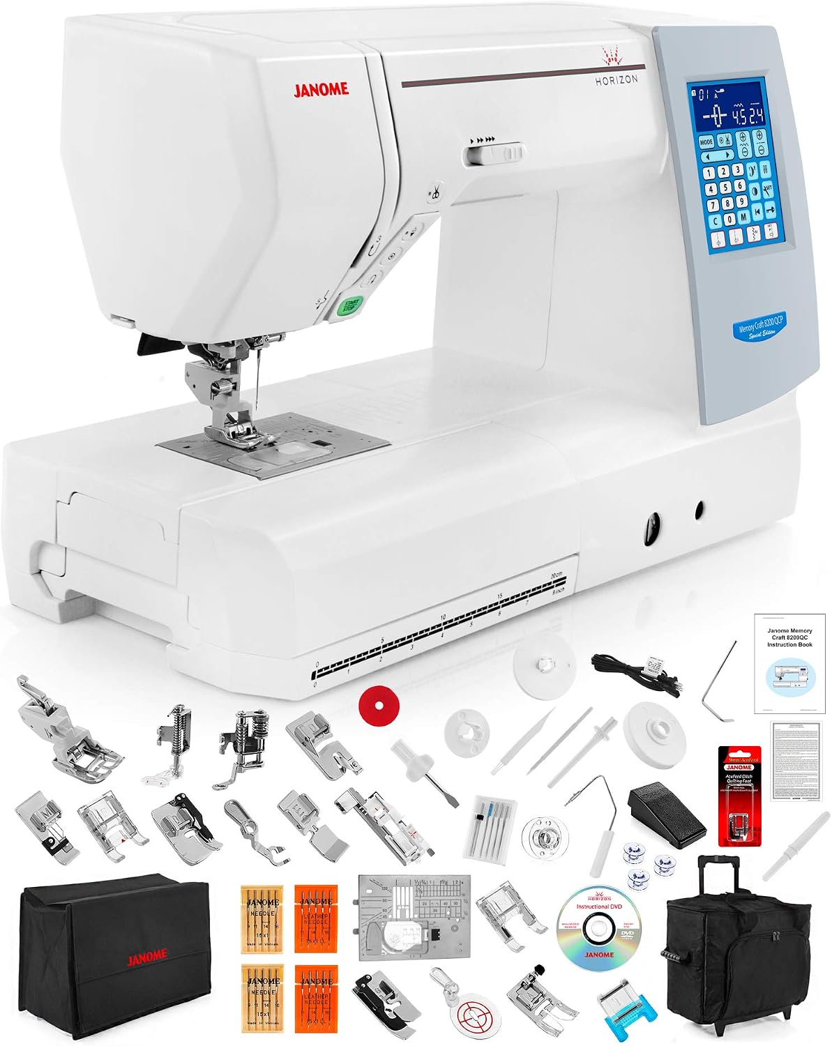 Janome Memory Craft Horizon 8200 QCP Special Edition Computerized Sewing Machine w-Black Roller Accessory Trolley Case + Semi-Hard Cover + Much More! - 1
