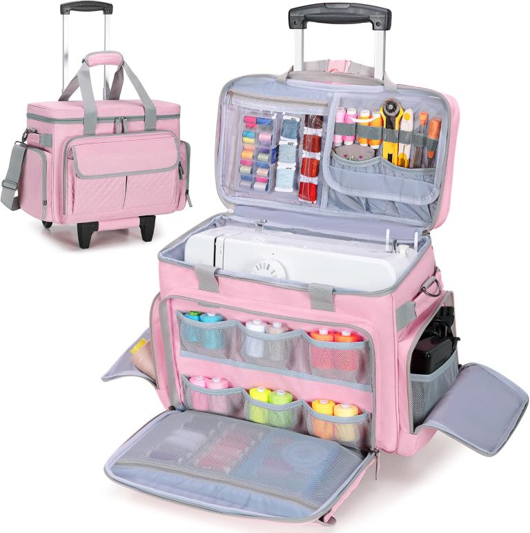 LUXJA Rolling Sewing Machine Case with Wheels and Multiple Pockets, Pink