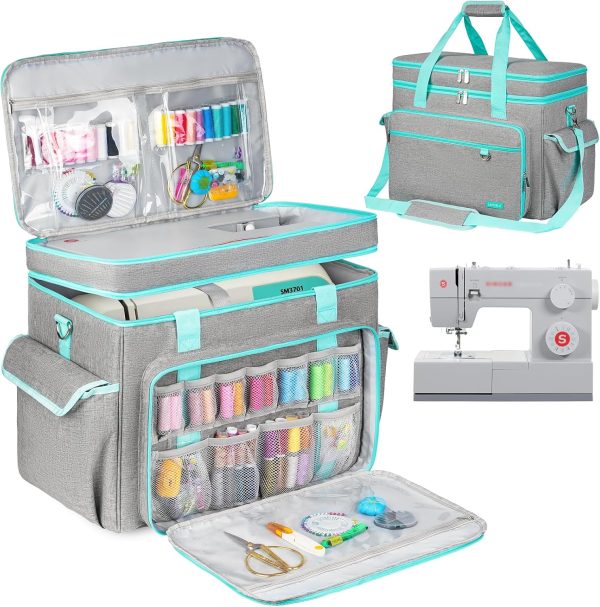 Large Sewing Machine Case with Removable Hard Bottom Pad,2 Layer Sewing Machine Carrying Bag Universal Tote Bag Fit for Most Standard Size Singer,Brother,Janome and Sewing Accessories,Grey/Green